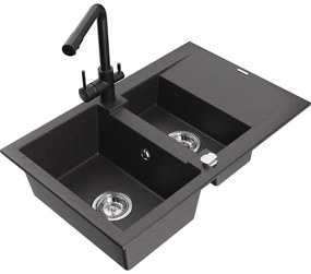 Mexen Gaspar, granitový drez 737x475x177 mm, 1,5-komorový, čierna batéria Duero, čierna škvrnitá, 6507-76-671600-70