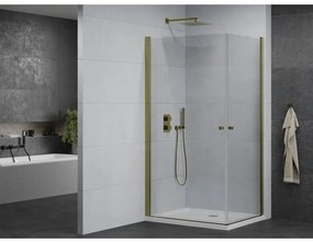 Mexen Pretoria Duo, sprchovací kút s 2-krídlovými dverami 90 (dvere) x 80 (dvere) cm, 6mm číre sklo, zlatý profil + slim sprchová vanička 5cm biela so zlatým sifónom, 852-090-080-50-02-4010G