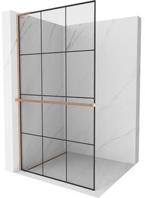 Mexen Kioto+ L, sprchová zástena Walk-In s poličkou a vešiakom 110 x 200 cm, 8mm číre sklo čierny vzor, medený matný profil, 800-110-123-65-77
