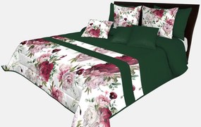 Prešívaný prehoz na posteľ v smaragdovo zelenej farbe s dokonalou potlačou ružových pivonií