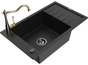 Mexen Elias, granitový drez 795x480x200 mm, 1-komorový a drezová batéria Carla, čierna, 6511-77-670700-50-B
