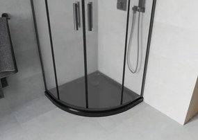 Mexen Rio, štvrťkruhový sprchovací kút s posuvnými dverami 90(dvere) x 90(dvere) x 190 cm, 6mm sklo námraza, čierny profil + čierna sprchová vanička SLIM, 863-090-090-70-30-4170B