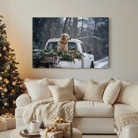 Obraz vianočný pes na zasneženej korbe