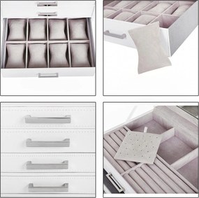 Veľká šperkovnica so 6 úrovňami a 5 zásuvkami, biela