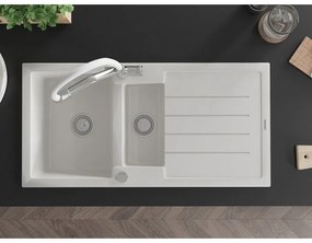 Mexen Andres, granitový drez 1000x500x200 mm, 1,5-komorový a drezová batéria Duo, biela, 6515-20-671701-02
