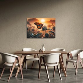 Sklenený obraz – Motýľ v zapadajúcom slnku (70x50 cm)