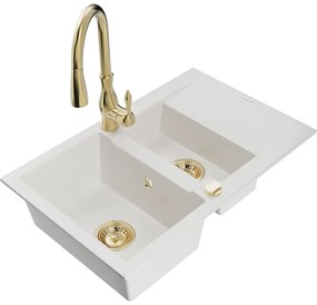 Mexen Gaspar, 1,5-komorový granitový drez 737x475x177 mm a drezová batéria Savita, biela, 6507-20-672601-50