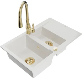 Mexen Gaspar, 1,5-komorový granitový drez 737x475x177 mm a drezová batéria Savita, biela, 6507-20-672601-50