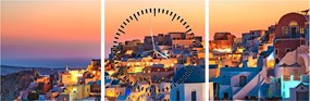 Obraz - Santorini pri zotmení (s hodinami) (90x30 cm)