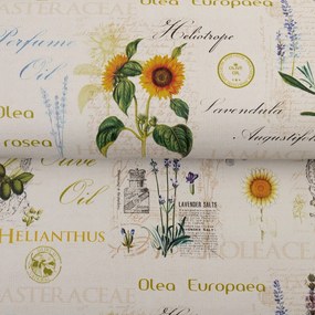 PVC obrus Slnečnice levandule a olivy na krémovom PV-155 - metráž š. 140 cm