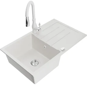 Mexen Bruno, 1-komorový granitový drez 795x495x200 mm a drezová batéria Savita, biela, 6513-20-672601-20