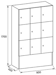 Drevená odkladacia skrinka s úložnými boxami, 9 boxov, 1700 x 900 x 420 mm, cylindrický zámok, breza