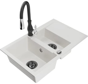 Mexen Gaspar, 1,5-komorový granitový drez 737x475x177 mm a drezová batéria Savita, biela, 6507-20-672601-70
