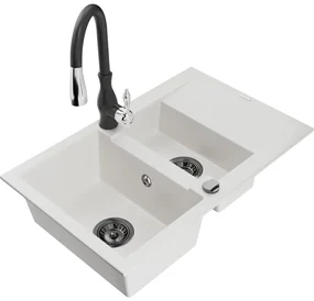 Mexen Gaspar, 1,5-komorový granitový drez 737x475x177 mm a drezová batéria Savita, biela, 6507-20-672601-70