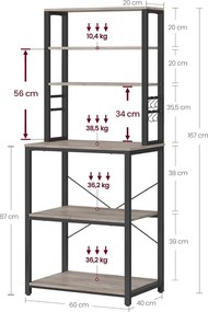 Kuchynský regál, 6 políc a 6 háčikov, 40 x 60 x 167 cm, sivá a čierna farba