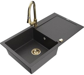 Mexen Leo, 1-komorový granitový drez 900x500x190 mm a drezová batéria Elia, čierna škvrnitá, 6501-76-670101-50
