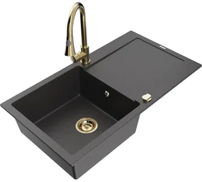 Mexen Leo, 1-komorový granitový drez 900x500x190 mm a drezová batéria Elia, čierna škvrnitá, 6501-76-670101-50