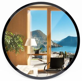 Moderné okrúhle obývačkové zrkadlo v čiernom ráme fi 90 cm