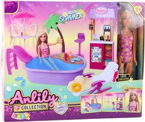 LEAN Toys Bábika Anlily na pláži – bazén, palma, stojan na nápoje a doplnky