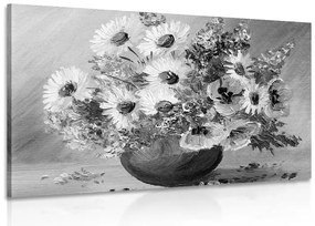 Obraz olejomaľba letných kvetov v čiernobielom prevedení