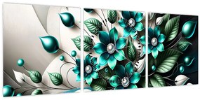 Obraz - 3D tyrkysové kvety (s hodinami) (90x30 cm)