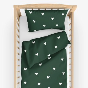 Goldea vianočné detské bavlnené obliečky do postieľky - srdiečka na tmavo zelenom 90 x 120 a 40 x 60 cm