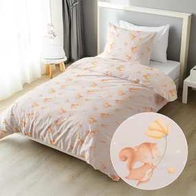 Biante Detské bavlnené posteľné obliečky Sandra SA-525 Veveričky s kvietkami na sivobéžovom Predĺžené 140x220 a 70x90 cm