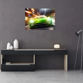 Sklenený obraz - Zelené závodné auto (70x50 cm)