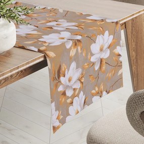 Biante Bavlnený behúň na stôl Sandra SA-717 Biele kvety magnólie na hnedosivom 35x120 cm
