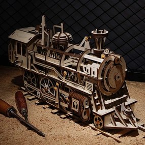 Robotime 3D drevené mechanické puzzle Parní lokomotiva 350 ks
