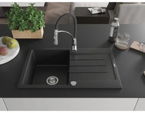 Mexen Bruno, 1-komorový granitový drez 795x495x200 mm a drezová batéria Aster, čierna, 6513-77-73450-07