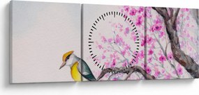 Obraz - Vtáčik na strome s ružovými kvetmi (s hodinami) (90x30 cm)