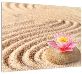 Sklenený obraz kameňa s kvetinou na piesku (70x50 cm)