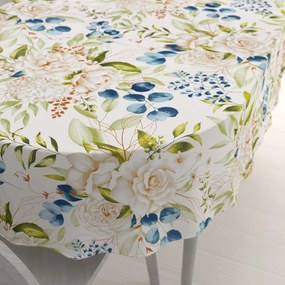Biante Bavlnený oválny obrus Sandra SA-668 Kvety a modro-zelené listy na bielom 140x160 cm