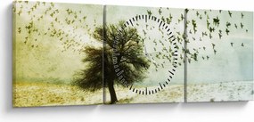 Obraz - Maľovaný kŕdeľ vtákov (s hodinami) (90x30 cm)