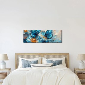 Obraz - Modrí motýle (s hodinami) (90x30 cm)
