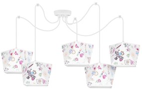 Detské závesné svietidlo Diamond Spider, 5x biele textilné tienidlo so vzorom