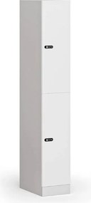 Šatníková skrinka S1 s úložnými boxmi, 2 boxy, 1850 x 300 x 500 mm, mechanický kódový zámok, laminované dvere, biela
