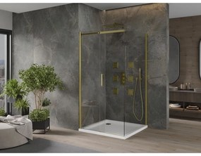 Mexen Omega, sprchovací kút s posuvnými dverami 100 (dvere) x 100 (stena) cm, 8mm číre sklo, zlatý profil + slim sprchová vanička 5cm, 825-100-100-50-00-4010