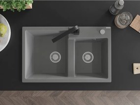 Mexen Tomas, granitový drez 800x500x190 mm, 2-komorový a čierna batéria Rita, šedá, 6516-71-670300-70