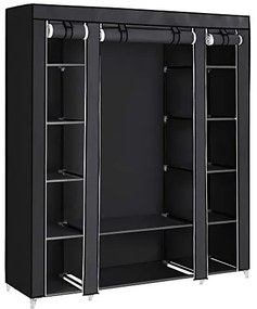 Veľká látková skriňa, 1 závesná tyč, 12 políc, 175x150x45cm, čierna