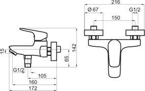 Novaservis Titania Pure, vaňová nástenná batéria bez sprchovej súpravy 150 mm, 90320/1,0