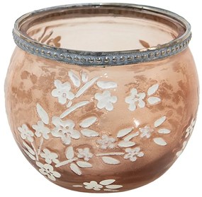 Béžovo-hnedý sklenený svietnik na čajovú sviečku s kvetmi Teane - Ø10*8 cm