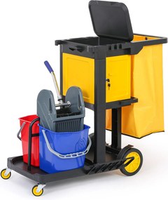 Profesionálny upratovací vozík so 2 vedrami, držiakmi mopov, skrinkou a vrecom s vekom, 1120 × 710 × 990 mm