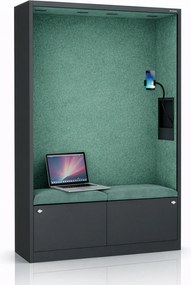 Kancelárska akustická kabína so sedadlom a portom USB-C, telo v antracitovej farbe / sedadlo v zelenej farbe, 1150 mm: SALLY MentalBox