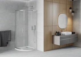 Mexen Rio, štvrťkruhový sprchovací kút s posuvnými dverami 90 x 90 cm, 6mm sklo námraza, chrómový profil + biela sprchová vanička, 863-090-090-01-30-4110