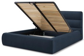 Tmavomodrá čalúnená dvojlôžková posteľ s úložným priestorom s roštom 180x200 cm Jagna – Bobochic Paris
