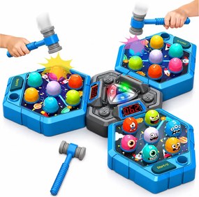 LEAN Toys Obratnostná hra Whack-A-Mole s postavičkami pre 3 hráčov, 3 režimy, svietiace kladivká