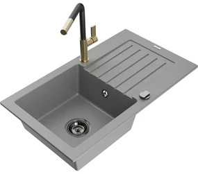 Mexen Pablo, 1-komorový granitový drez 752x436x161 mm a drezová batéria Flora, šedá, 6510-71-670401-57-B