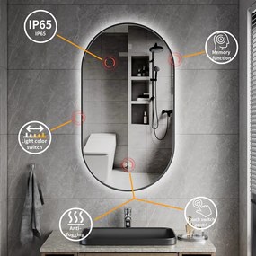 Erga Freya, oválne LED zrkadlo 50x90cm v čiernom kovovom ráme, 3 farby svetla, zadné osvetlenie, vyhrievacia podložka proti zapareniu, ERG-V01-FREYA-5090-BK